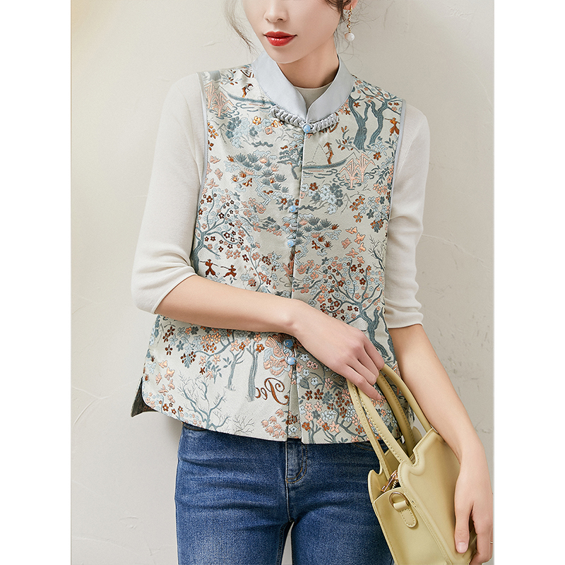 云想衣裳 新中式金线提花复古国风盘扣改良款百搭马甲女立领背心