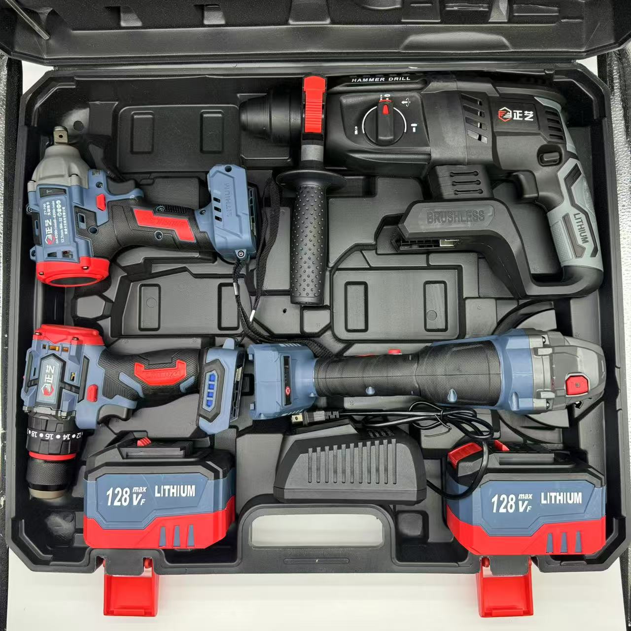 正艺4件套多功能无刷充电锂电工具套装电锤电钻角磨机电动扳手