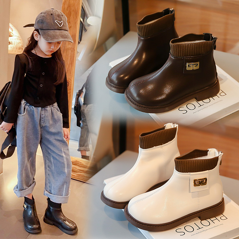 回力瑞女童靴子儿童短靴女秋冬款2023新款小女孩鞋加绒切尔西皮靴