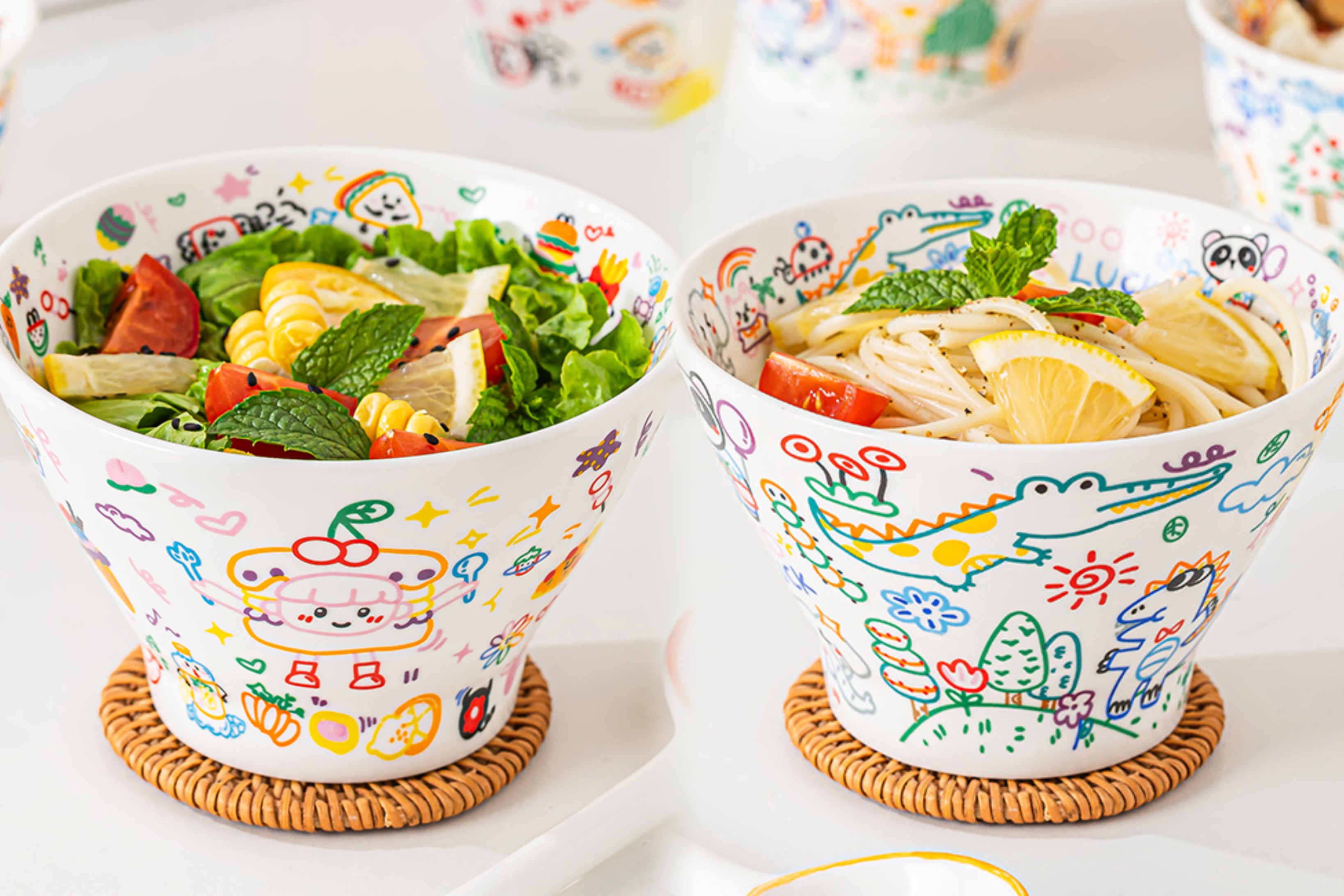 网红饭碗2碗2勺商用陶瓷碗涂鸦新款斗笠碗米饭碗陶瓷汤碗可爱家用