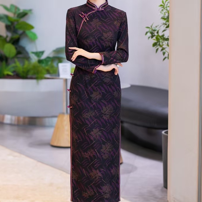 〔凌凌云汐〕S109新款旗袍复古国风改良修身显瘦长款长袖开叉连衣裙