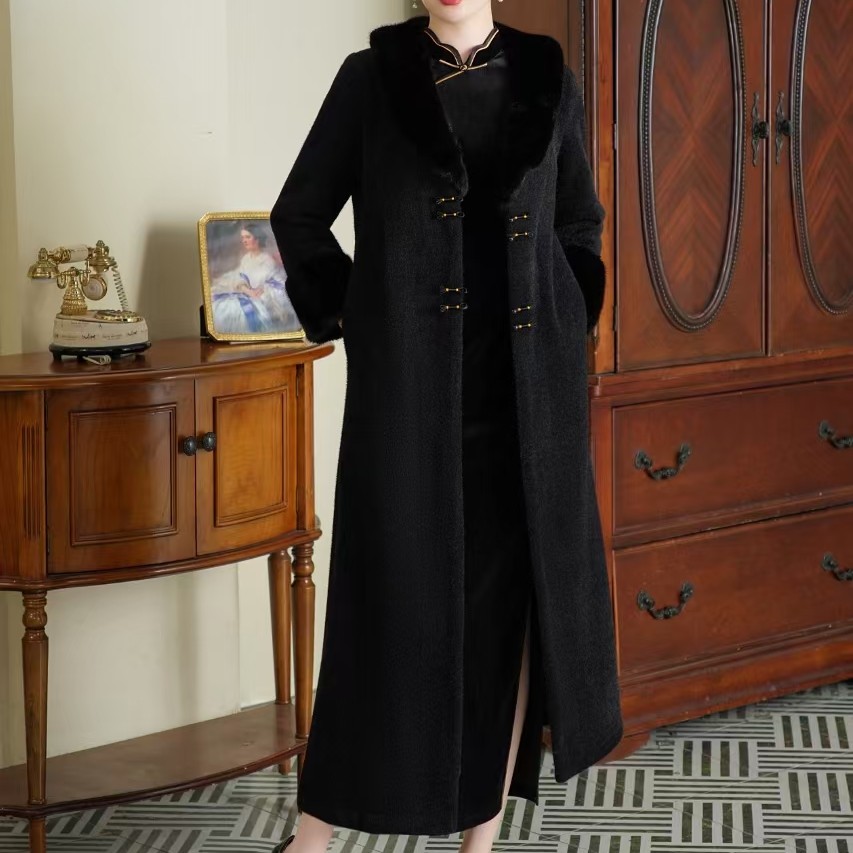 〔墨G081〕秋冬春风衣外套中国风长款大衣红色/黑色长袖旗袍搭档