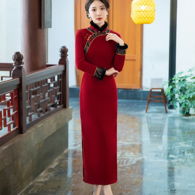 【喜】秋冬春款厚款绒面修身显瘦旗袍长款气质连衣裙红色礼服敬酒服