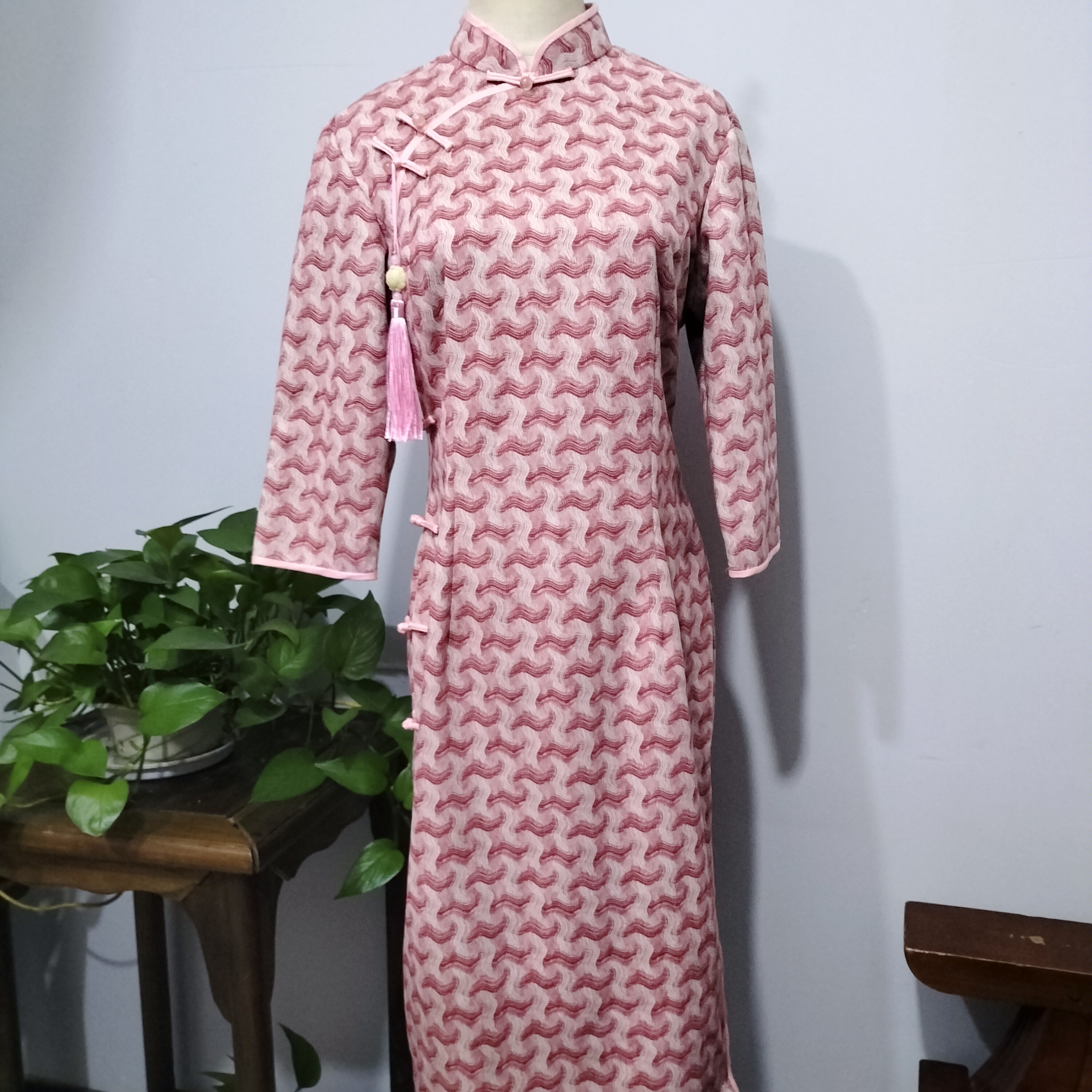 〔粉黛〕春款修身中长款旗袍粉色七分袖开叉裙