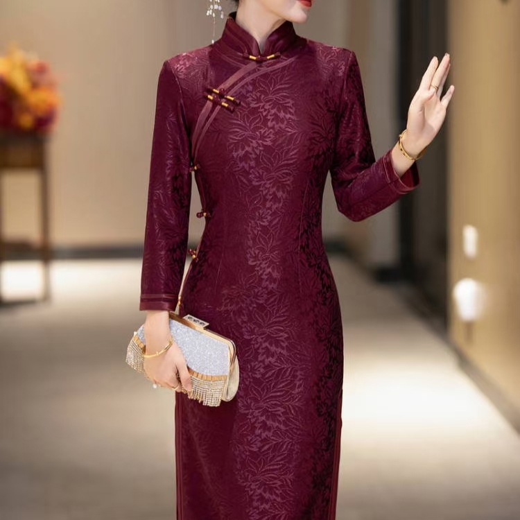 〔喜庆〕JY0612#秋冬春新款喜婆婆喜妈妈旗袍长款修身加绒长袖旗袍