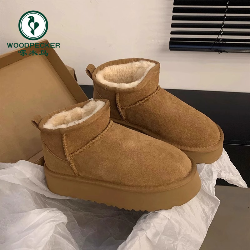 啄木鸟厚底雪地靴女2025新款冬季高级感短筒增高加绒加厚保暖棉鞋