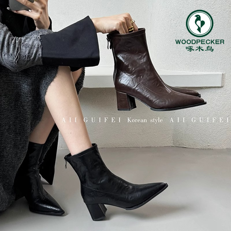 啄木鸟尖头靴子短靴女2025新款秋冬季女靴瘦瘦靴设计感粗跟短筒靴