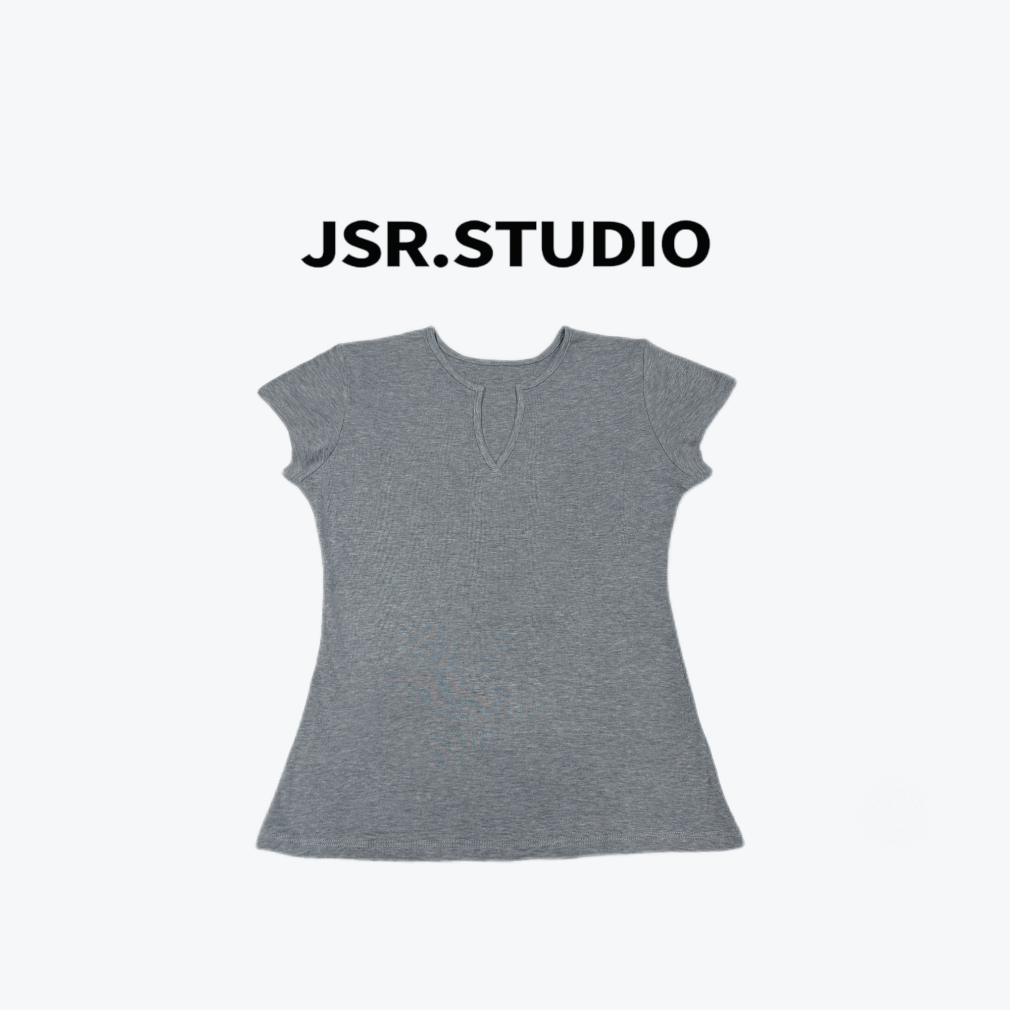 JSR studio 夏季新款简约大方圆领开V叉极简纯色百搭小短袖 