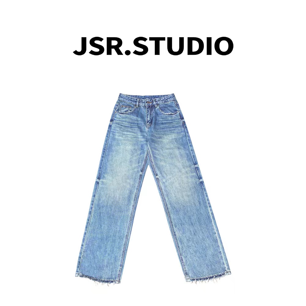  JSR studio 【大长腿】复古毛边做旧水洗直筒牛仔裤宽松中腰