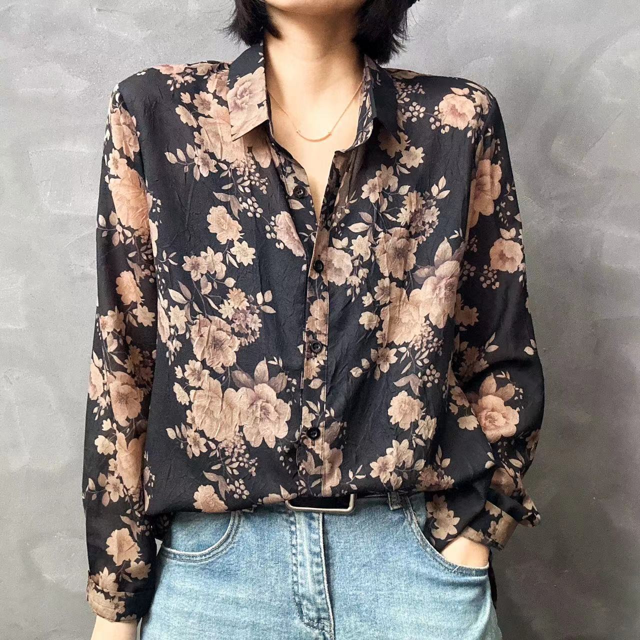 【方火推荐】1359复古数码印花衬衣  大码碎花显瘦时尚百搭气质潮流