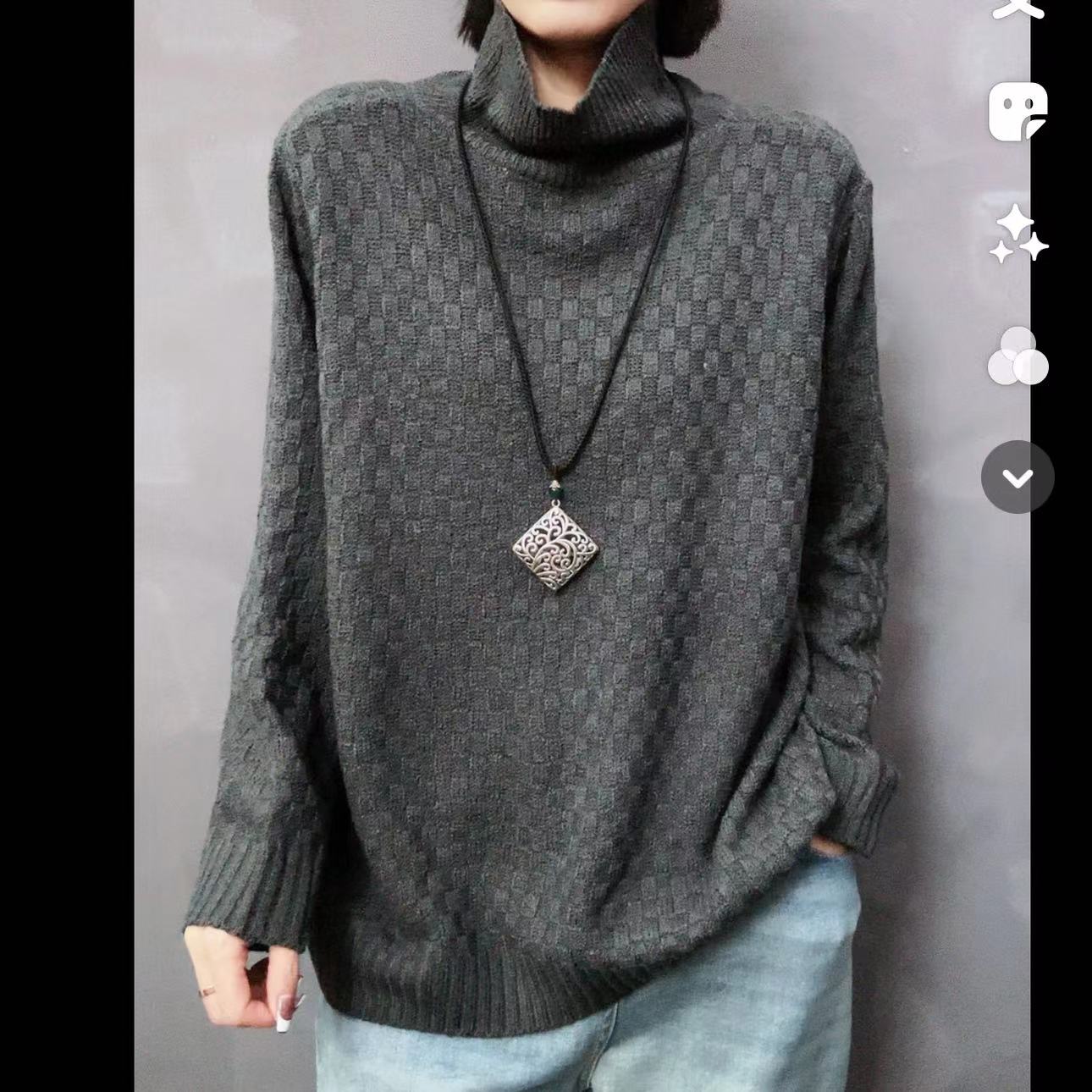 （FH）990棋盘格高领韩版毛衣套头秋冬宽松时尚百搭显瘦针织衫保暖
