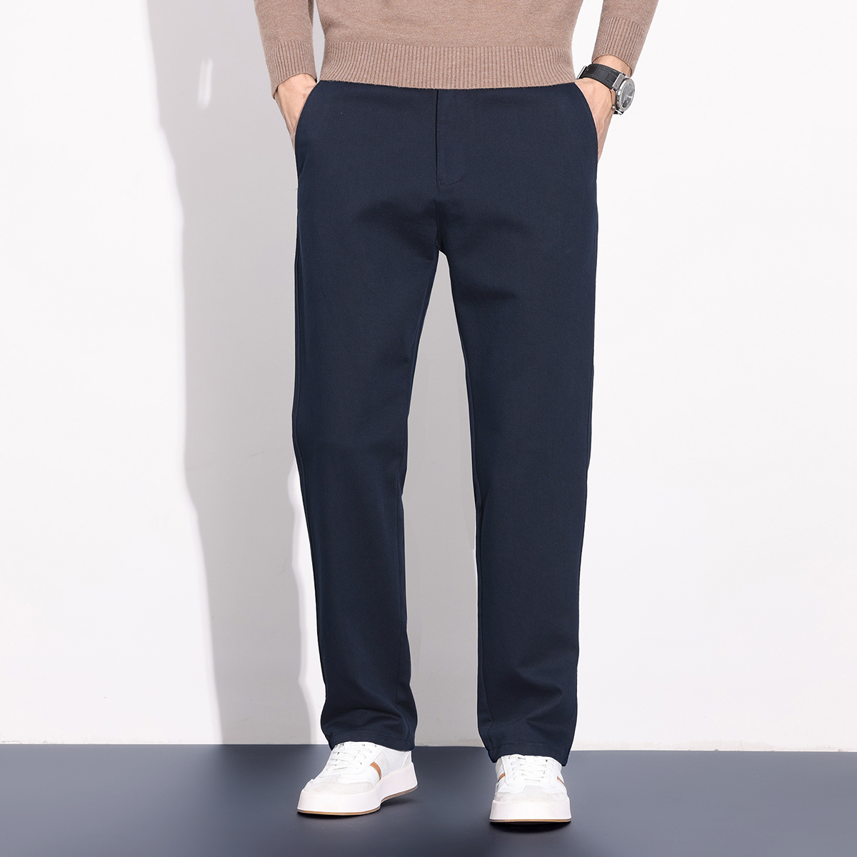 老爷车秋冬季厚款纯棉男士简约休闲裤男宽松高腰直筒长裤子