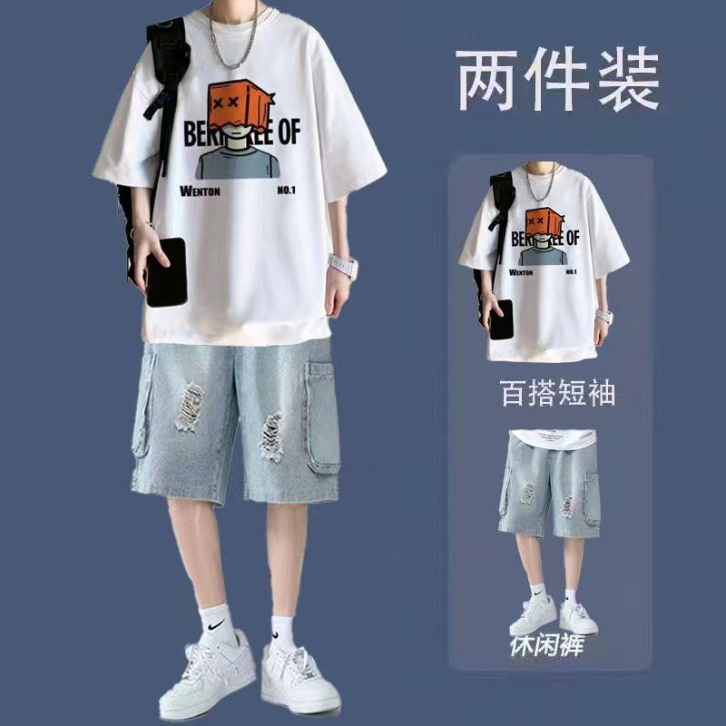 纯棉短袖T恤潮牌男装宽松男士夏季青少年套装搭配牛仔短裤一整套