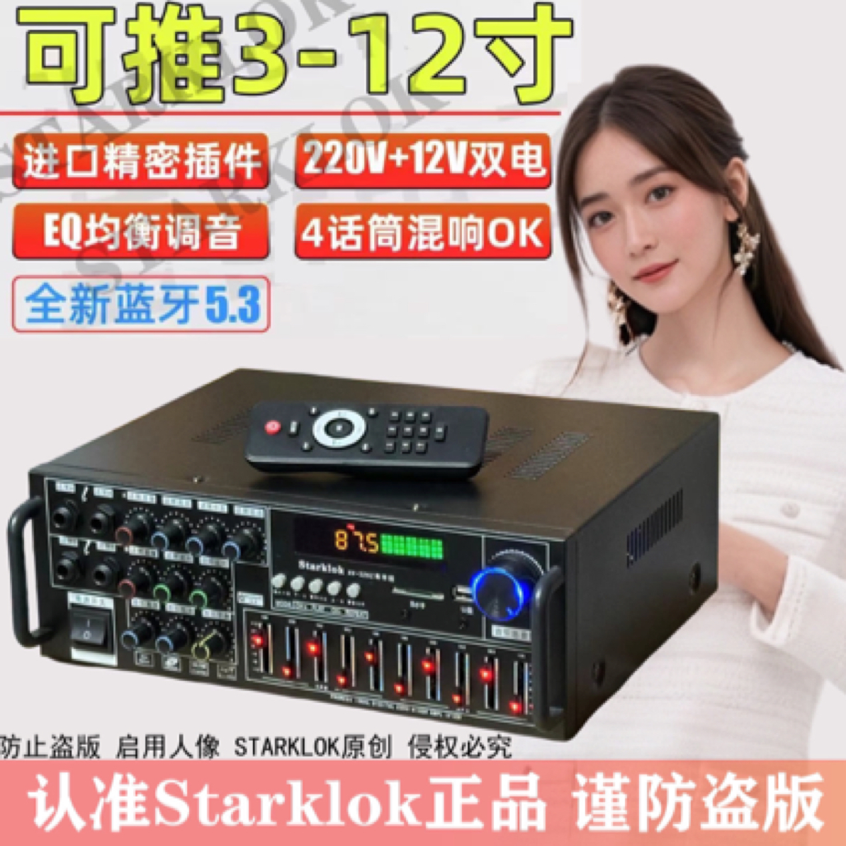 220V家用功放大功率蓝牙5.3均衡调节12V广场舞车载户外多功能收音