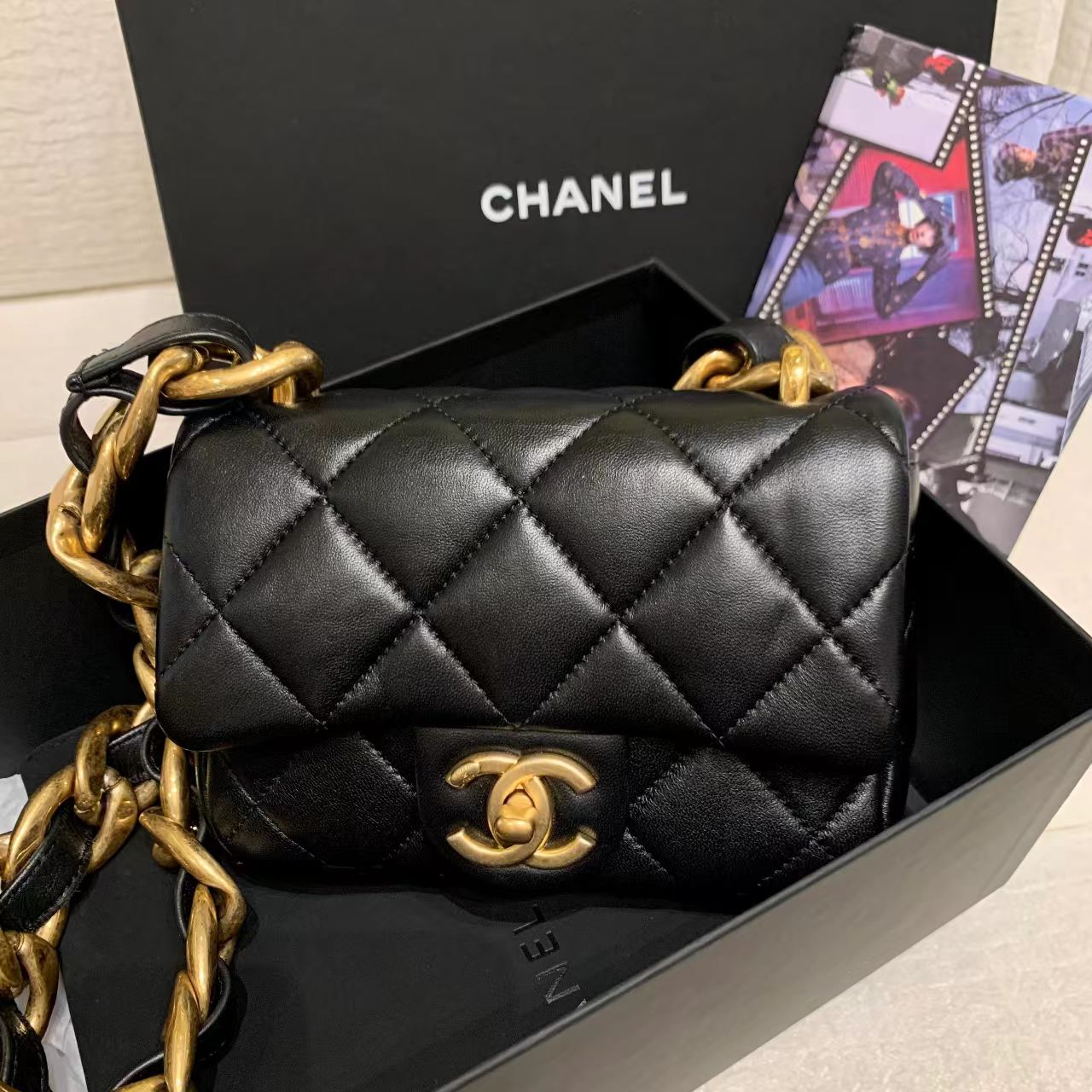 99新 Chanel/香奈儿 壹臻/22s黑金羊粗链条方胖子30709164