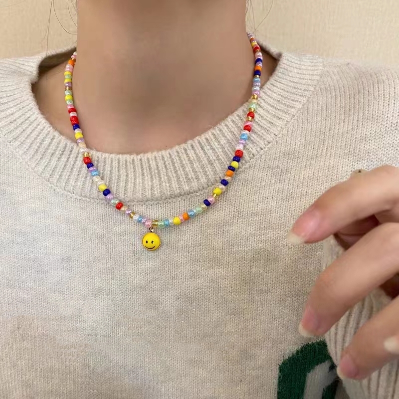 非金属项链 笑脸彩色串珠项链多巴胺千禧辣妹Y2K手工锁骨链配饰女