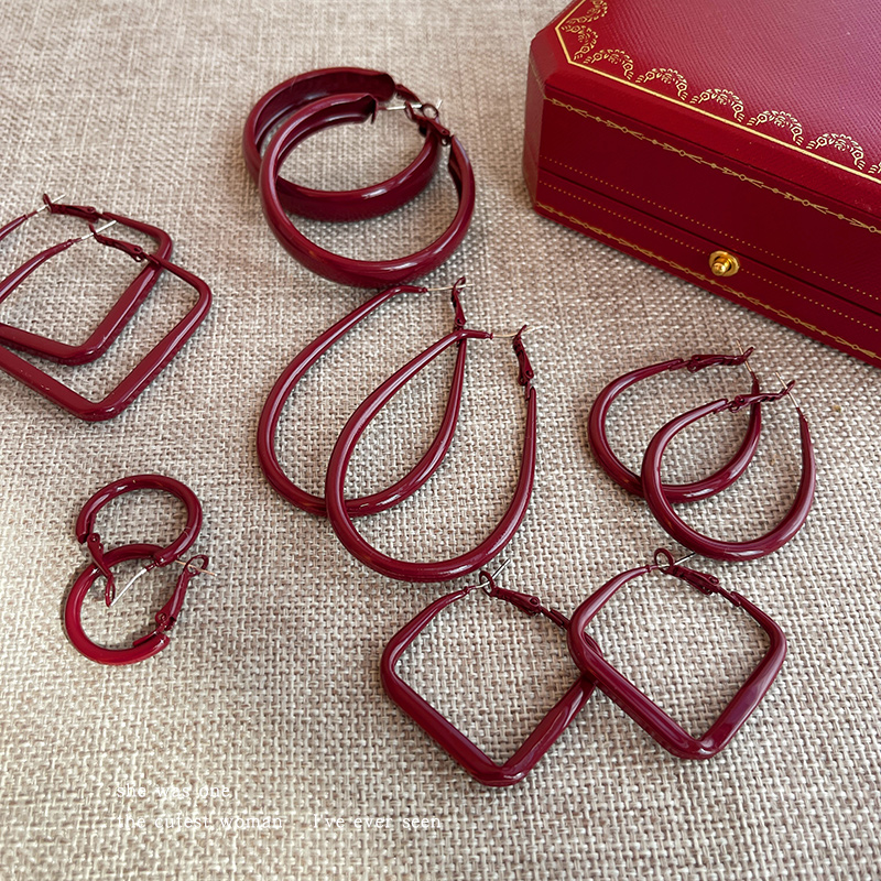 合金耳饰 复古安可拉红色圆圈耳环女新年气质大耳圈独特过年配饰