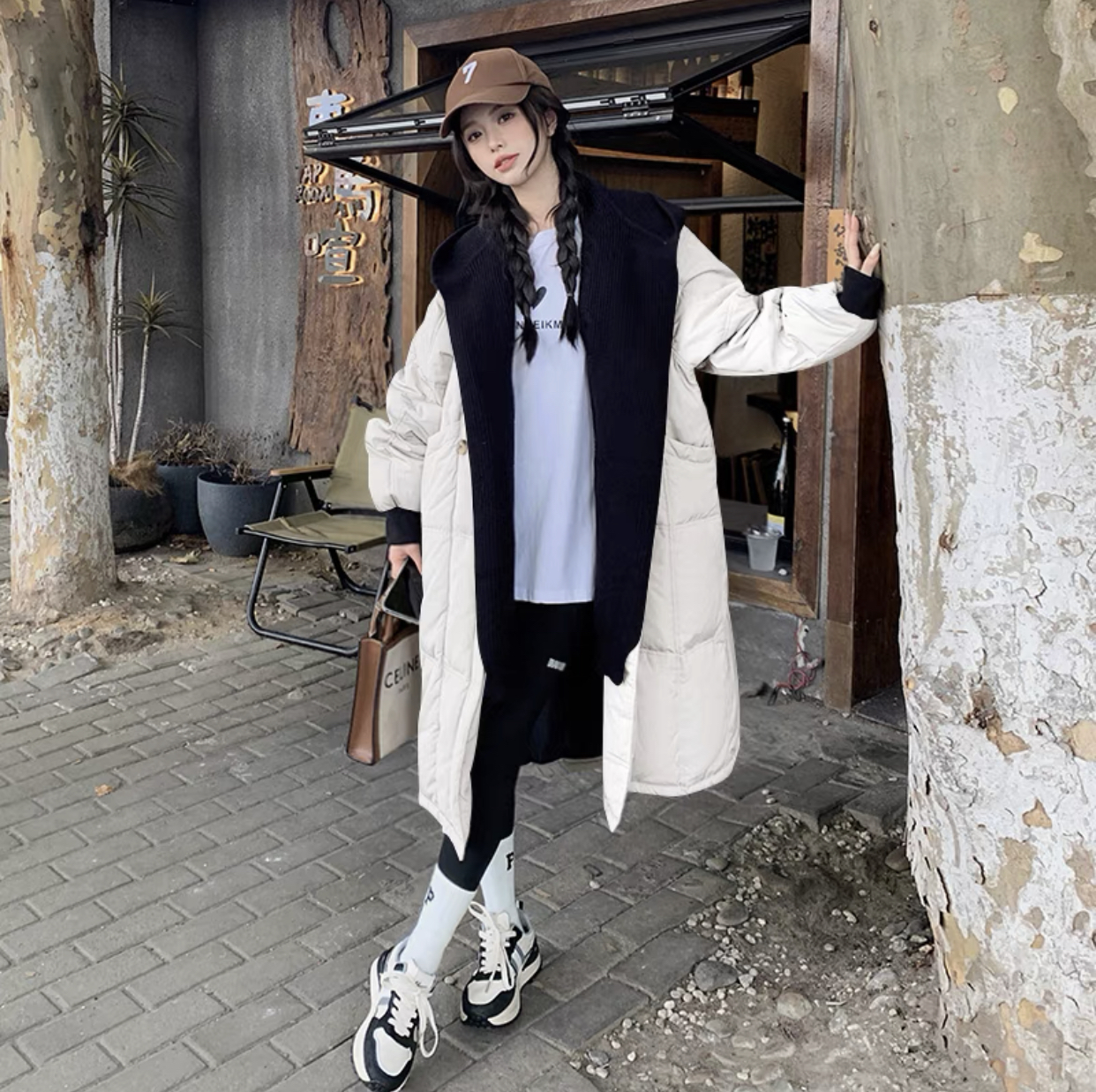 针织帽假两件加厚羽绒服白鸭绒中长款宽松撞色加厚保暖外套女③