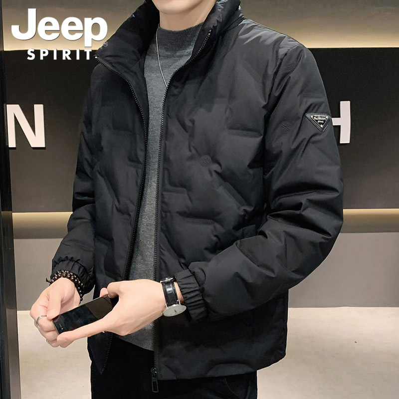 Jeep吉普黑色立领羽绒服男款秋冬季保暖休闲羽绒衣时尚辑格外套男