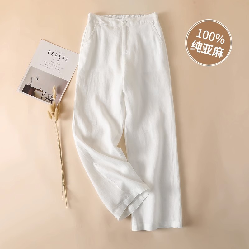 白色天丝亚麻裤女士夏季薄款棉麻妈妈裤子2024新款休闲直筒阔腿裤