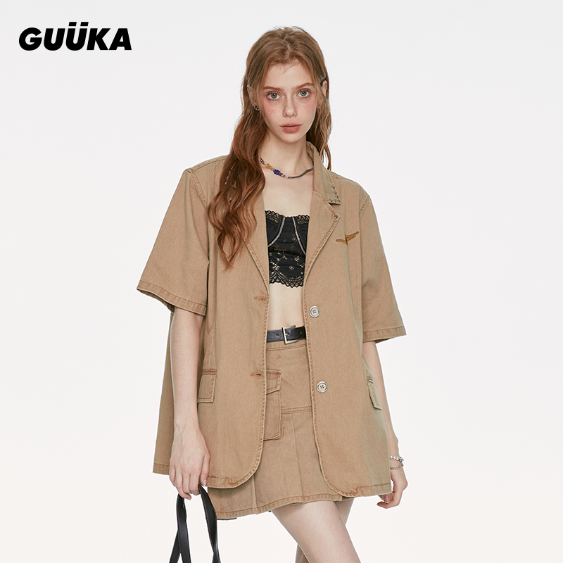 GUUKA潮牌卡其色牛仔男女同款复古工装裙套装宽松K3583/Q3584