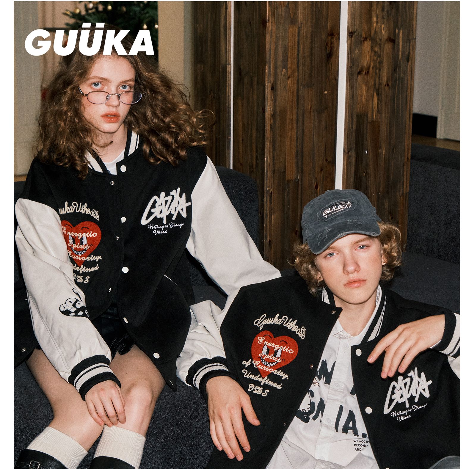 GUUKA美式复古黑色棒球羽绒服男款轻薄 爱心刺绣夹克棒球外套宽松