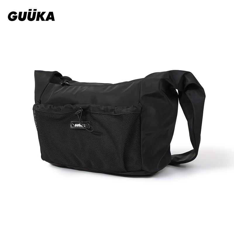 GUUKA潮牌黑色单肩骑车斜挎包男青少年百搭网布拼接腰包运动R7653