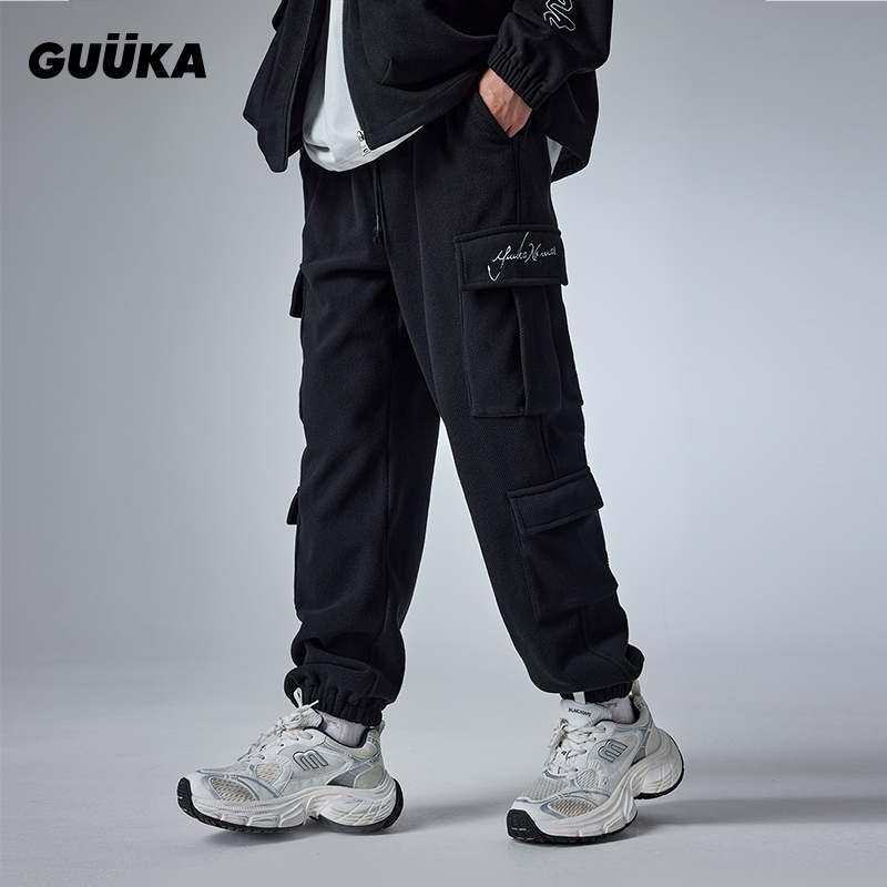GUUKA潮牌黑色加绒加厚束脚裤男冬季新 运动户外工装裤宽松X60904