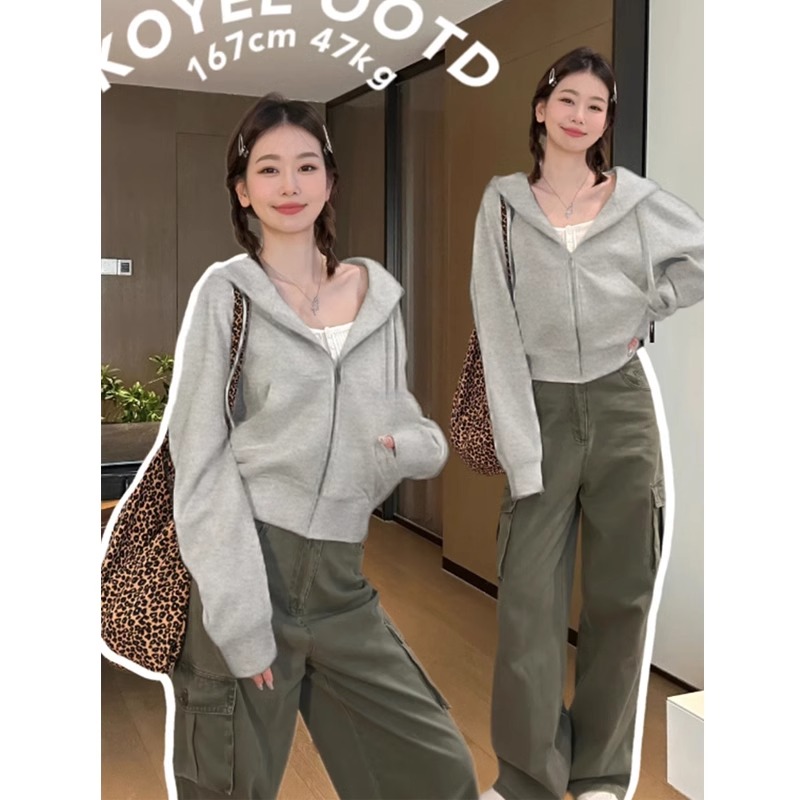 短款灰色显瘦卫衣外套2025新款连帽长袖外套小个子设计美式感内搭