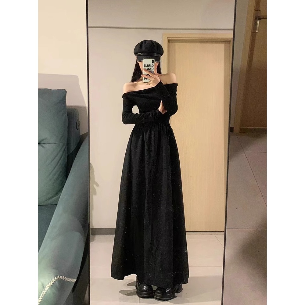 秋冬连衣裙风高腰线连衣裙长款小黑裙秋冬长裙秋冬穿搭琥珀流光风