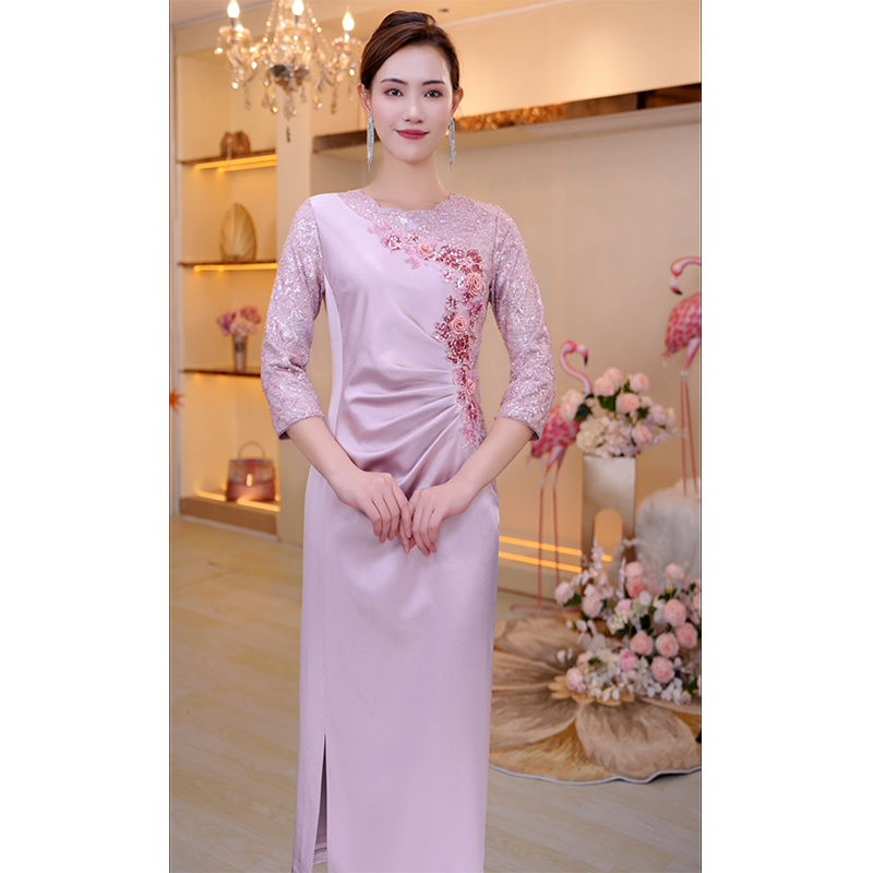 礼服平时可穿宴会生日高贵优雅设计师小众婚礼婆婆妈妈粉色连衣裙