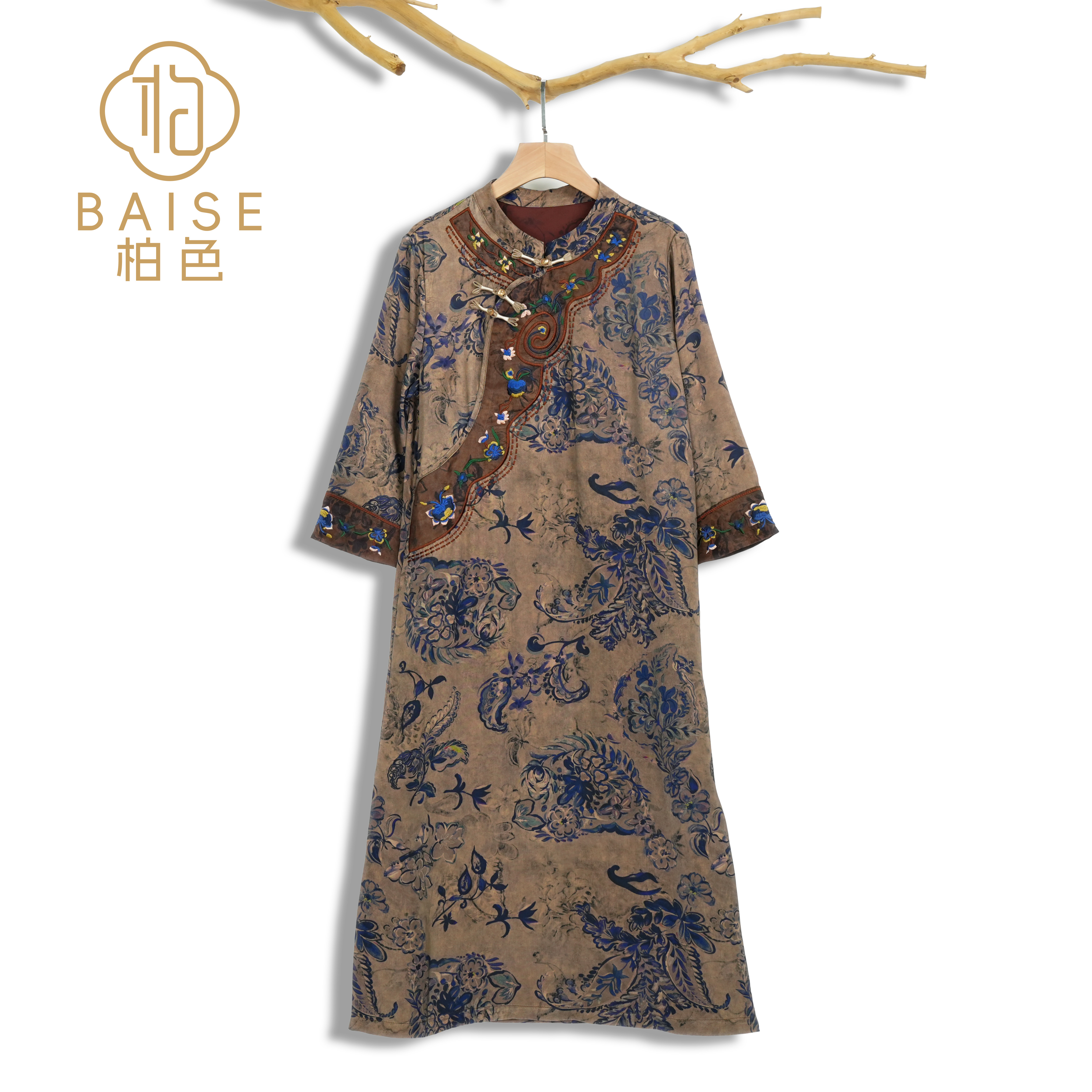 中式连衣裙复古斜襟绣花盘扣春季女装宽松连衣裙1135