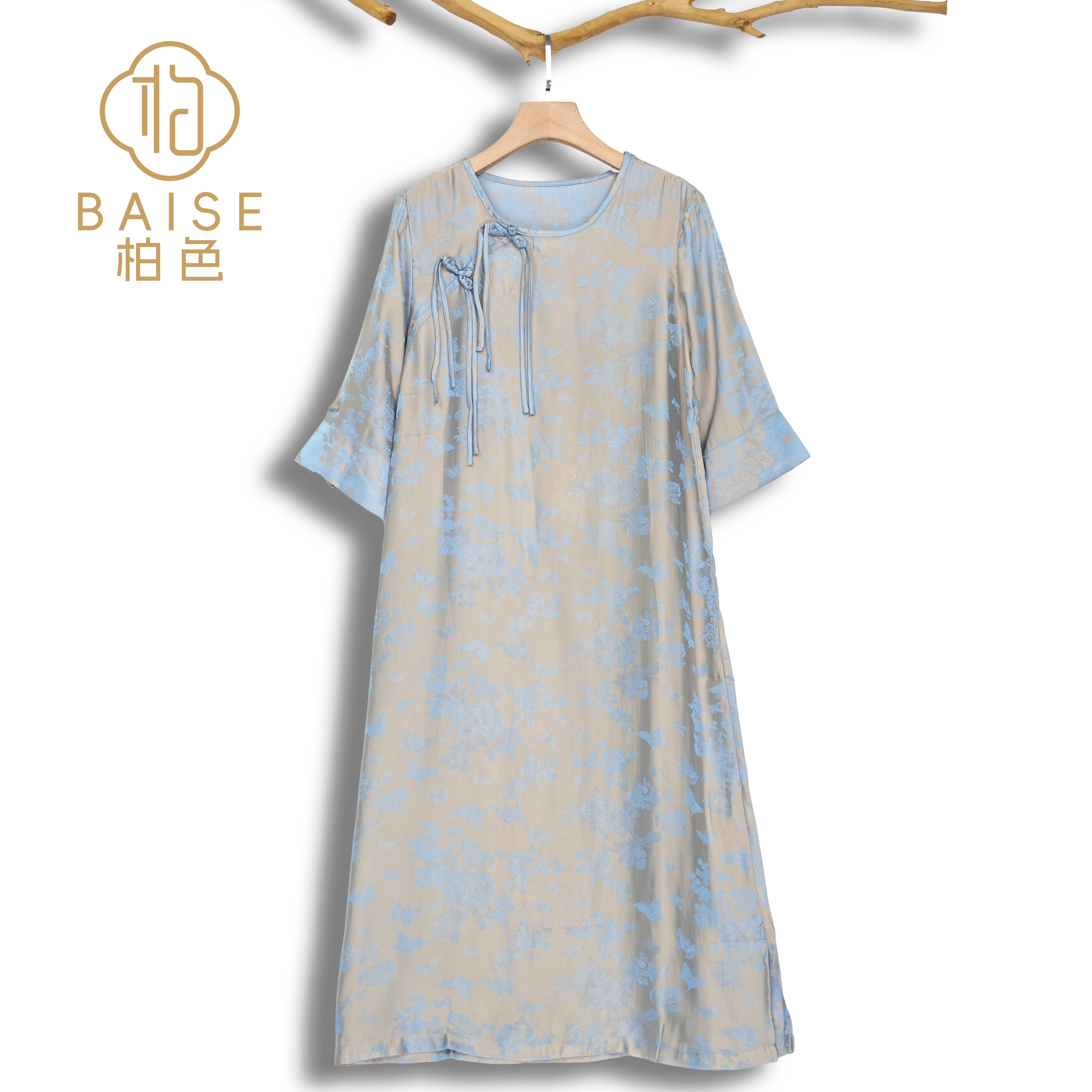中式蓝连衣裙复古改良斜襟流苏盘扣夏季女装宽松连衣裙3681