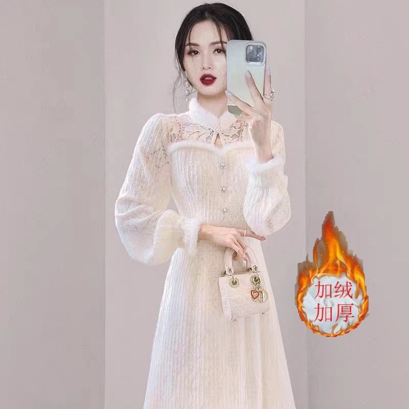 新中式国风茶服女秋冬富家千金御姐风温柔白色打底连衣裙显瘦百搭