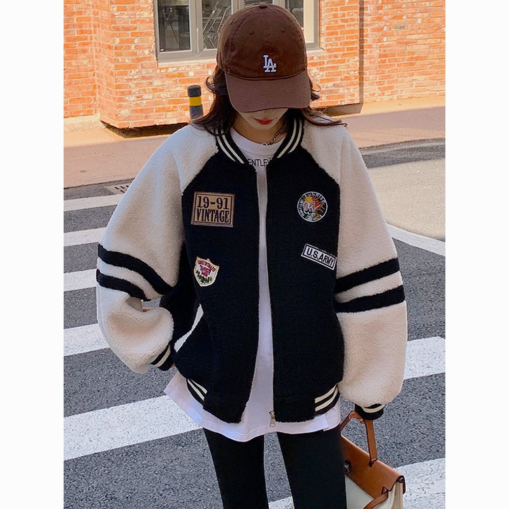 冬季拼接毛外套女2023春秋新款夹棉加厚保暖小个子棒球服学院百搭