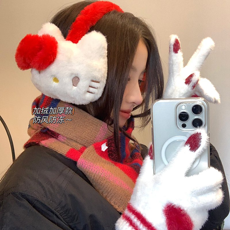  KT猫冬季防冻护耳耳套骑行耳包可爱卡通猫保暖耳机式毛绒耳罩女