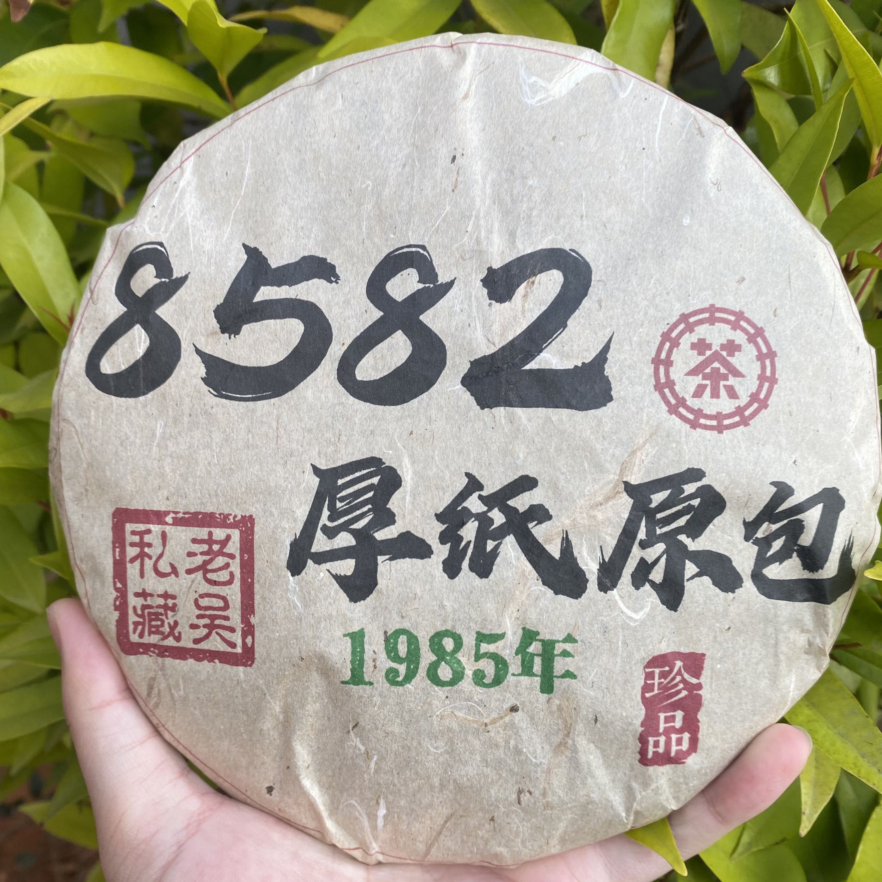 雨腾古茶 老吴私藏1985年8582厚纸原包古树普洱茶357g/饼 生茶