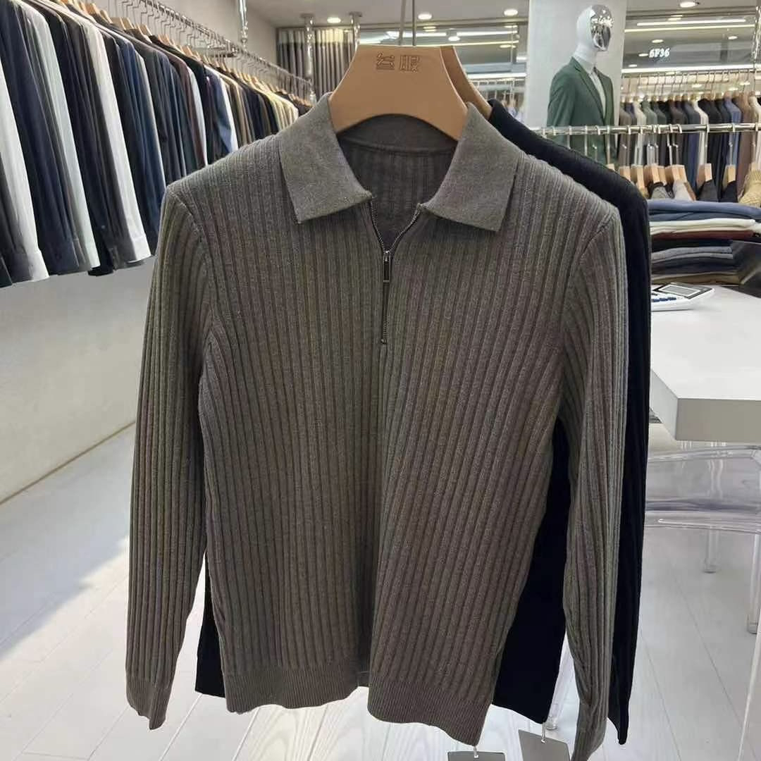 英伦风弹力半拉链翻领针织Polo衫坑条纹毛衣男士秋冬打底上衣