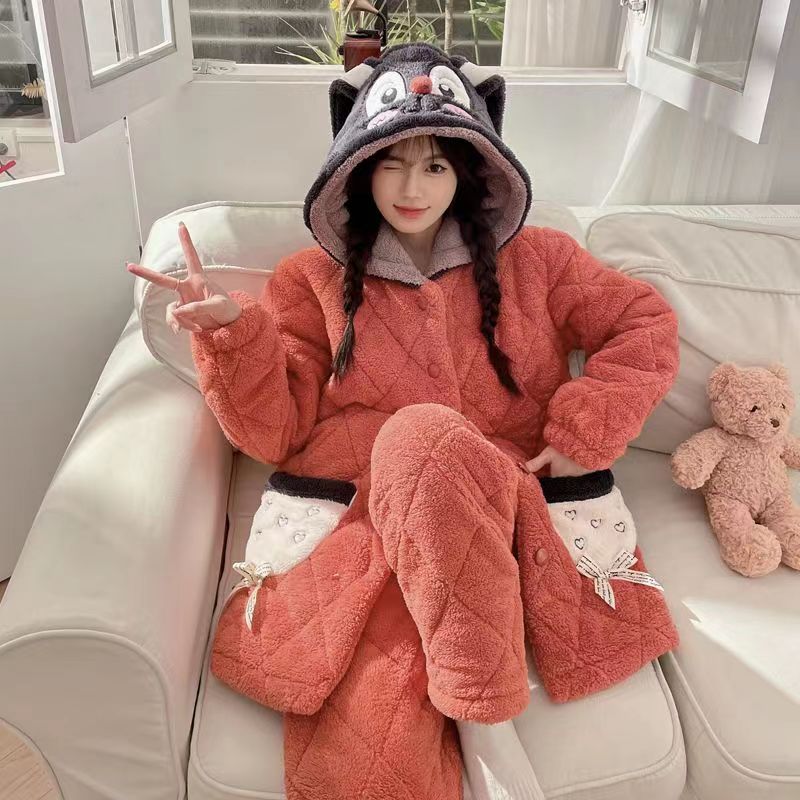 《BINGBING》冬款夹棉冬季女睡衣保暖冬天加绒大码中长款可外穿套装