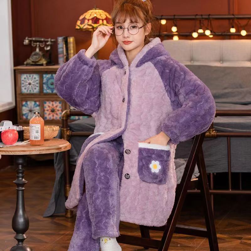 《BINGBING》三层夹棉冬睡衣女加绒加厚保暖卡通可爱棉袄外穿家居服