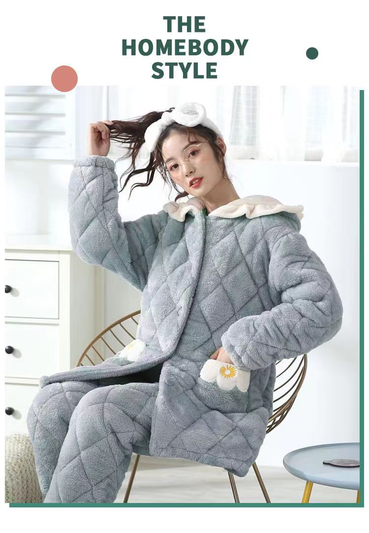 《BINGBING》三层夹棉冬季女睡衣保暖冬天加绒大码中长款可外穿套装