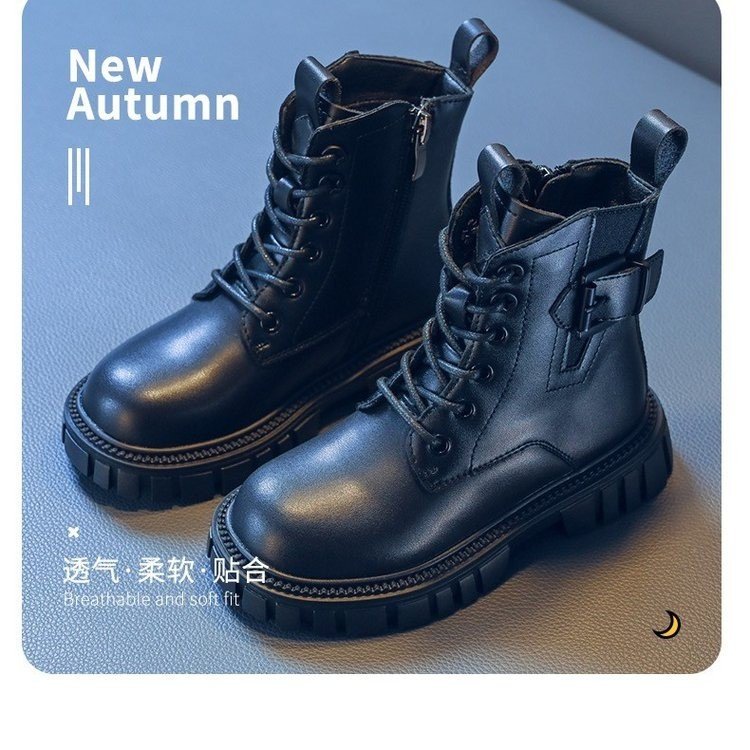 加绒秋冬秋季柔软黑色百搭中大童透气豆豆鞋PU5岁侧拉链简约皮鞋