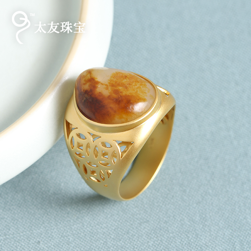 太友天然和田玉手工金包玉戒指男士戒指礼物文玩板指18K11.5g