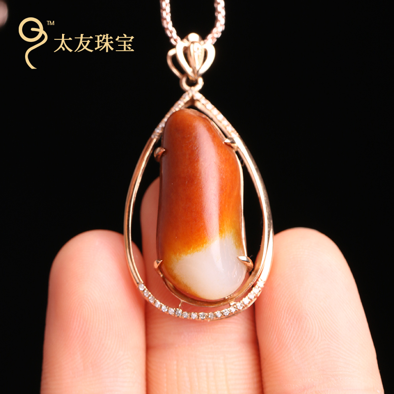 太友和田玉金镶玉吊坠18K金玉石挂件项链坠文玩6.42g