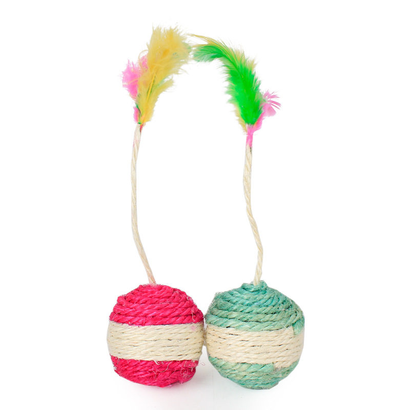 剑麻毽子球 宠物猫咪磨牙磨爪七彩羽毛响珠玩具猫玩具