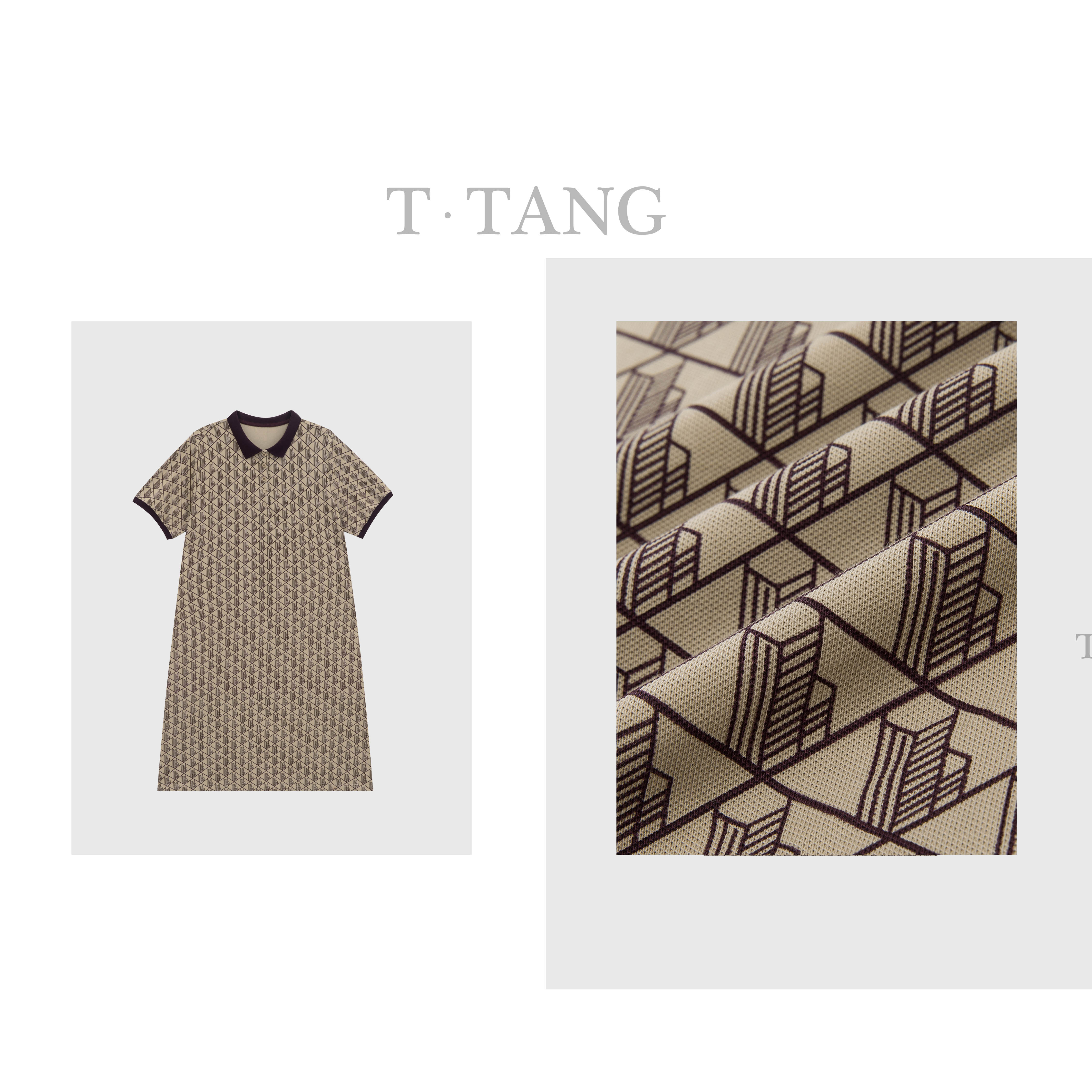 FL夏季200g丝光珠地棉复古时尚休闲印花罗纹领中长款连衣裙【6207】