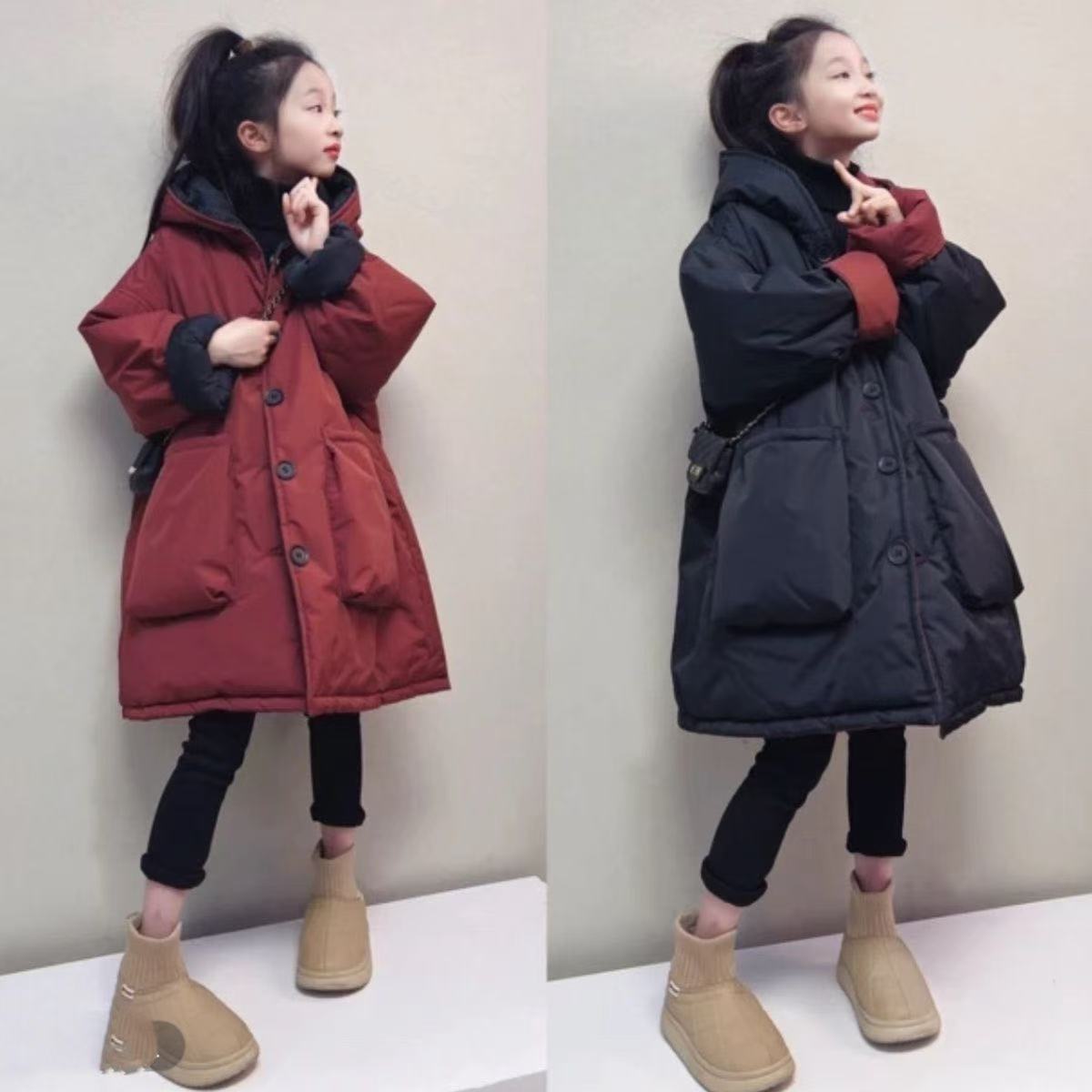 女童连帽双面穿棉服儿童秋冬2025新款中大童爆款中长款休闲外套潮