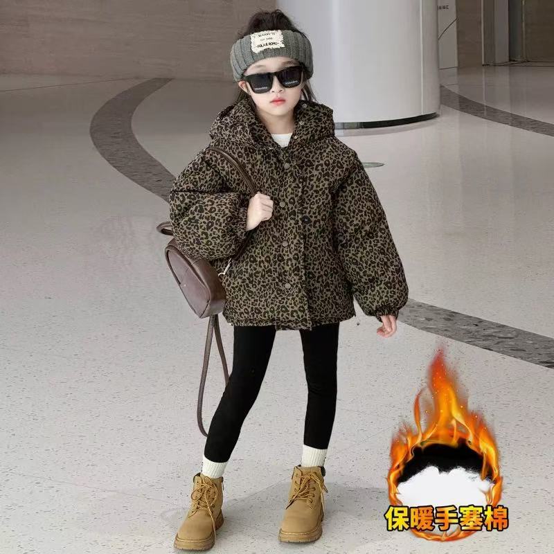 女童冬季加厚棉衣外套2025新款儿童豹纹面包服女大童秋冬羽绒棉服