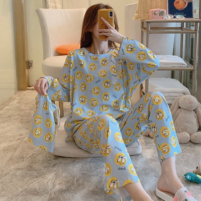 长袖睡衣女春秋加大码睡衣女夏韩版可外穿女士睡衣加肥家居服套装