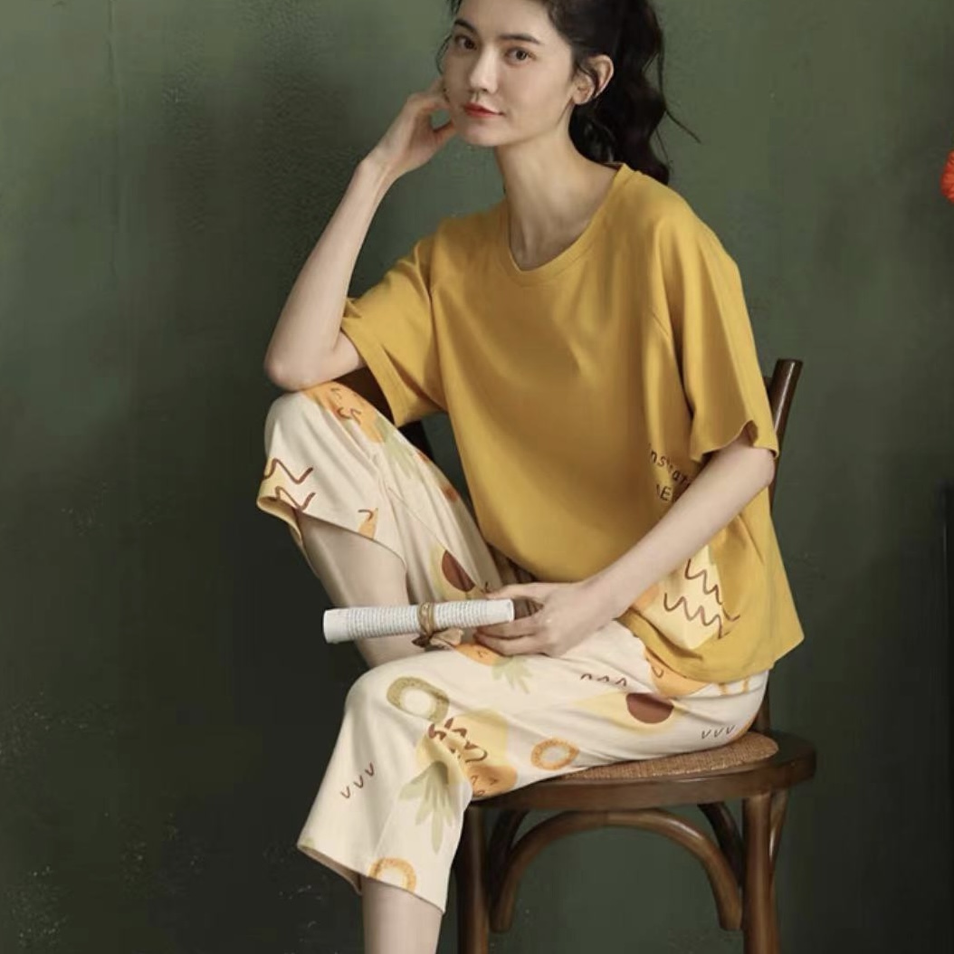 8026夏季女士纯棉睡衣套装短袖七分裤睡衣女套装舒适女士家居服